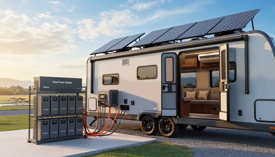 Lithium battery bank installation inside RV storage compartment