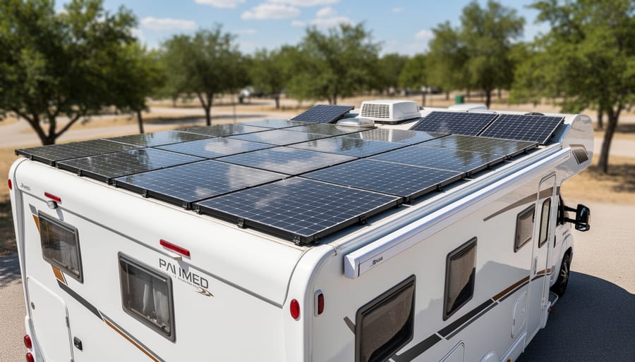 Multiple solar panels installed on RV roof in desert camping setting