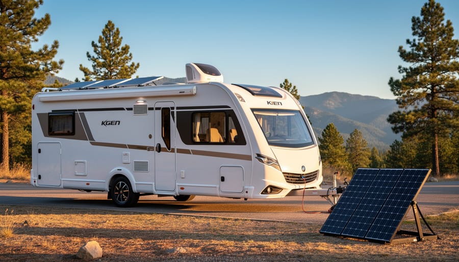 Modern white RV with rooftop solar panels and a roof-mounted AC unit, plus a portable solar array on the ground at a sunlit campsite, with pine trees and mountains in the background.