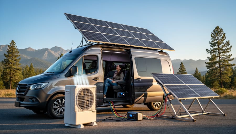 RV with solar panels boondocking in desert landscape at sunset